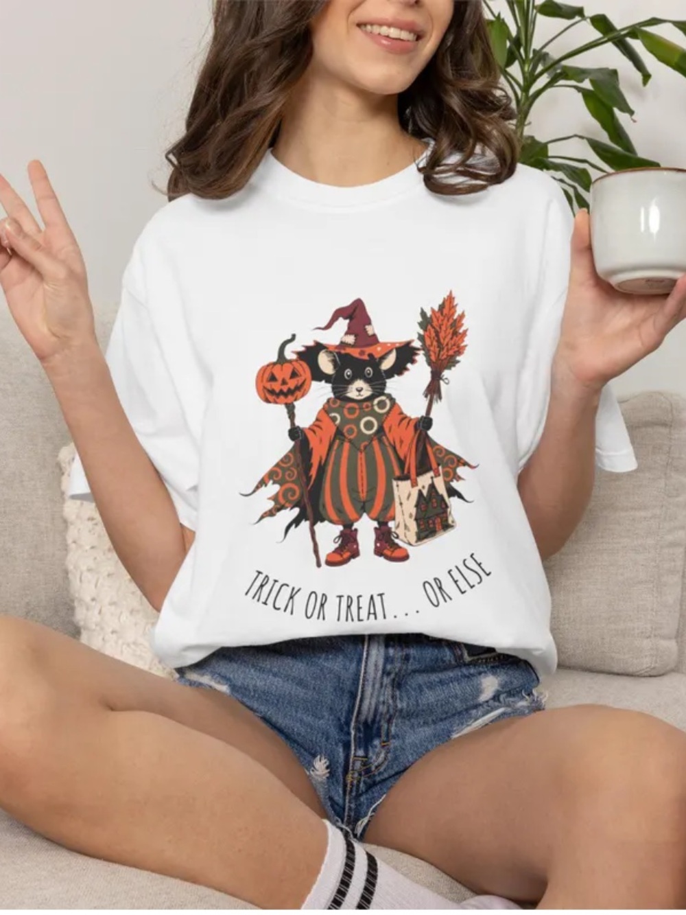 Gildan White Halloween Mouse Graphic Tee, Trick or Treat or Else T-Shirt